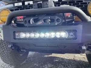 Close-up view of of off-road lighting of a heavy duty pick up truck.